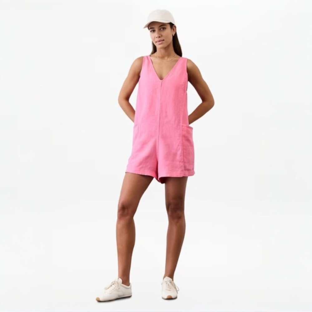 Athleta Retreat Linen Romper in color Raphanus Pink